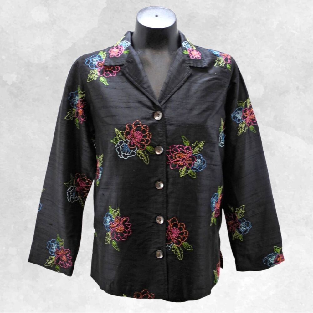 Laura Ashley Silk Floral Jacket Petite S Black Embroidered Button-Front Top
